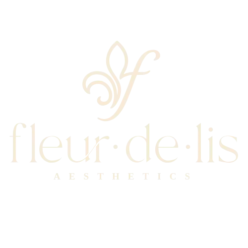 Light version of the Fleur-De-Lis Aesthetics logo with fleur-de-lis symbol and text representing the New Orleans medical aesthetics and wellness clinic.
