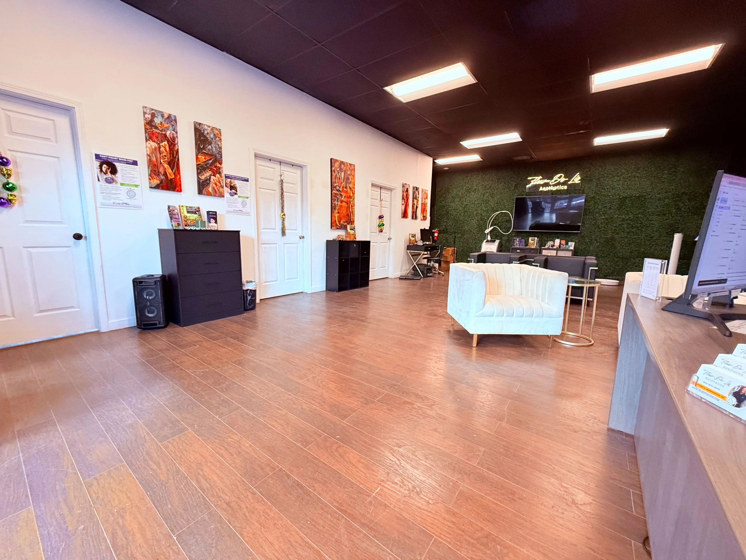 Interior of Fleur-De-Lis Aesthetics & Apothecary clinic in New Orleans featuring a modern, luxury wellness environment.