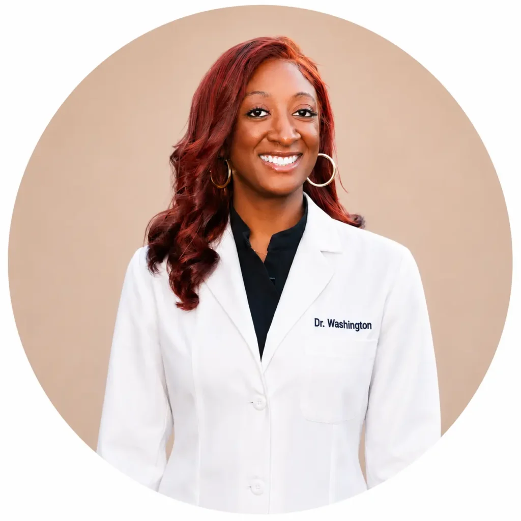 Dr. Courtney Washington in a white medical coat specializing in hormone replacement therapy and wellness at Fleur-De-Lis Aesthetics in New Orleans
