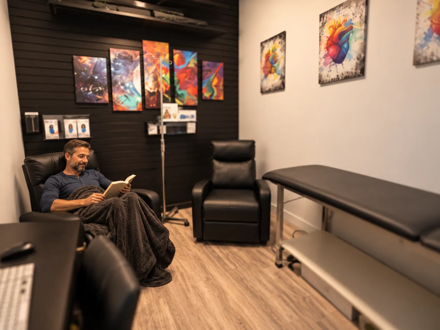 A man reading a book under a blanket in a recliner in the IV therapy room