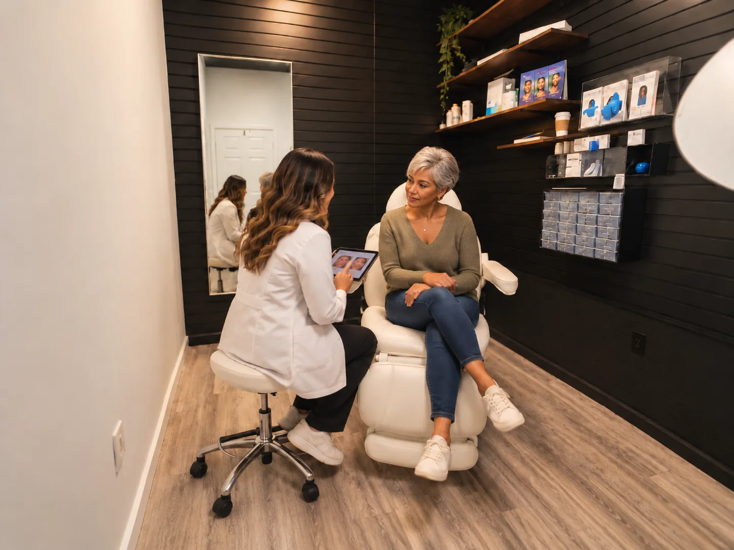 A silver-haired woman in a treatment chair reviewing a tablet with a provider in a white coat