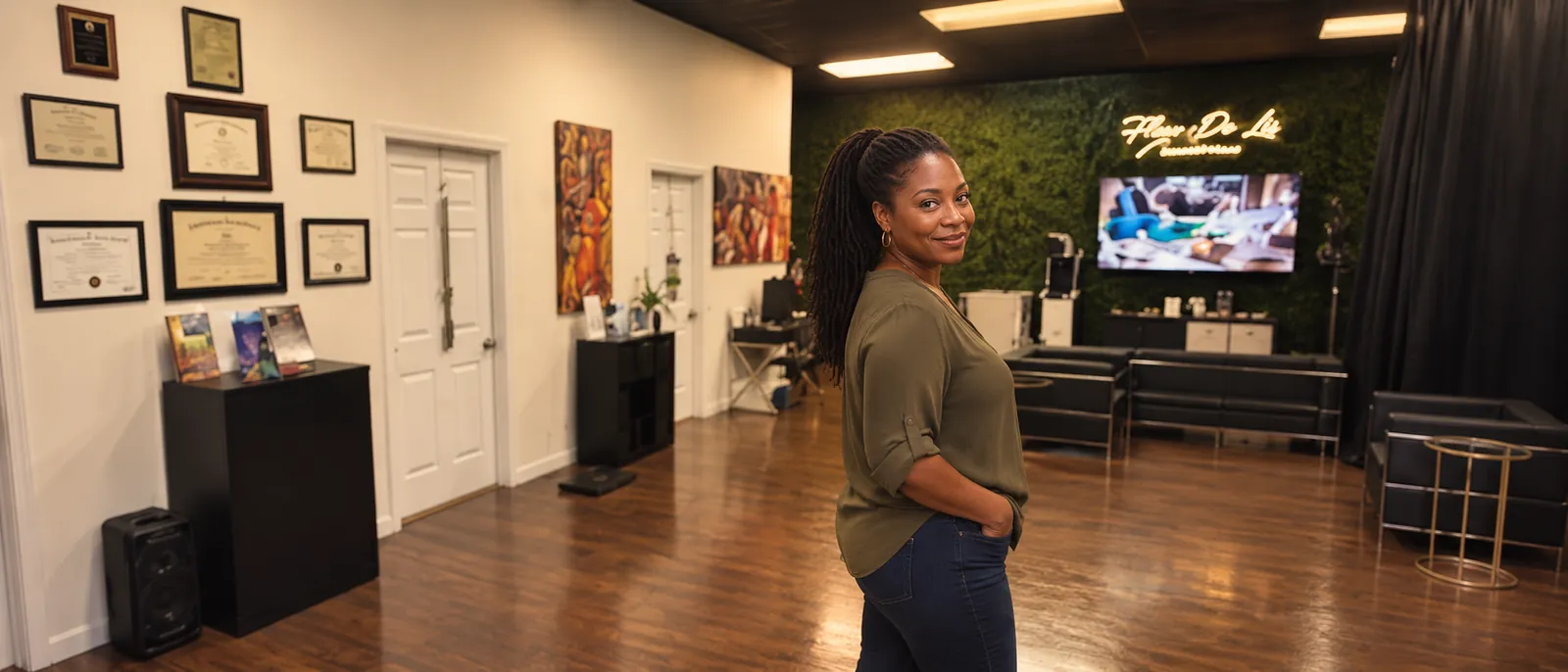 A smiling woman with locs standing in the Fleur-De-Lis waiting area